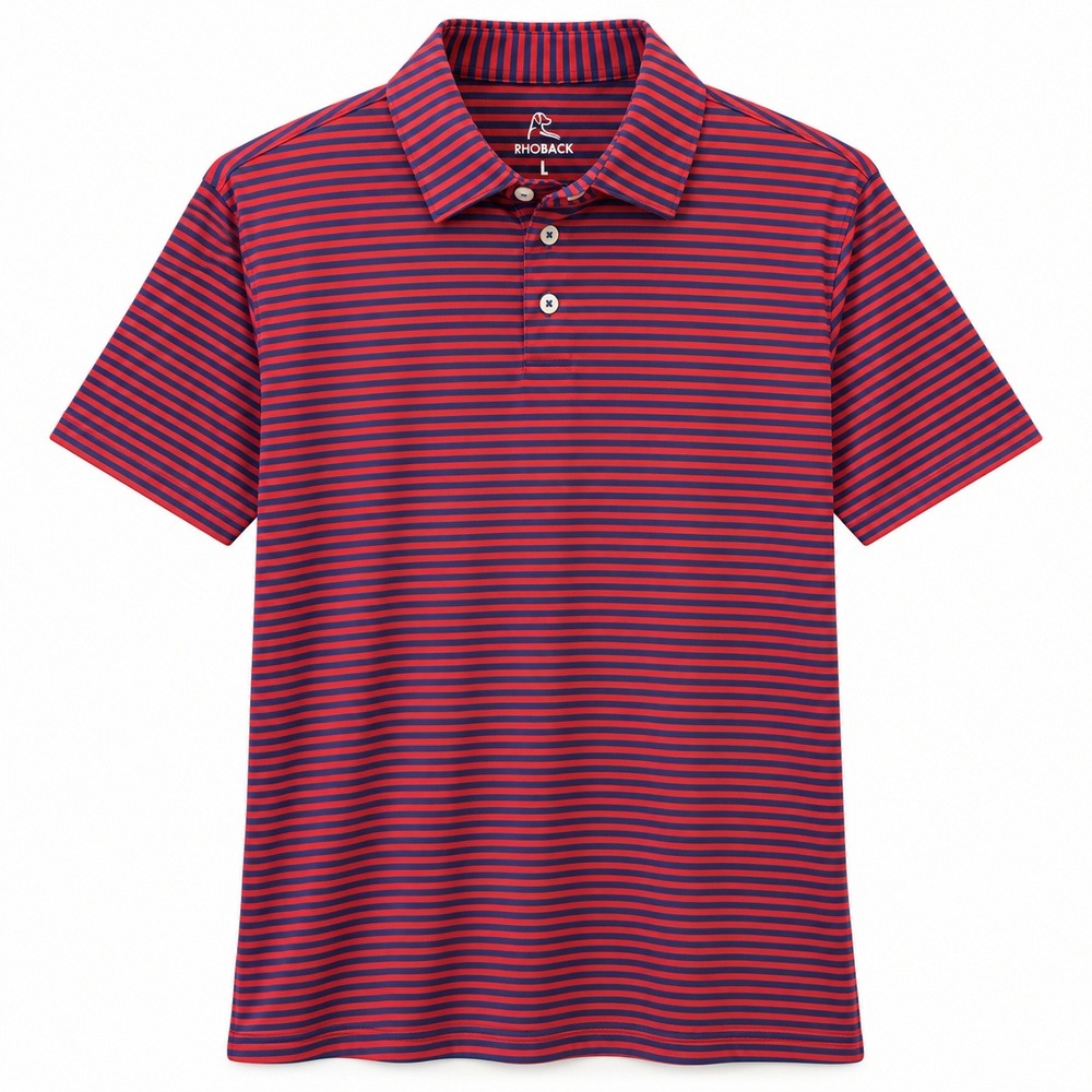 Rhoback Performance Polo Shirt Striped Mens L Red Blue Short Sleeve Golf